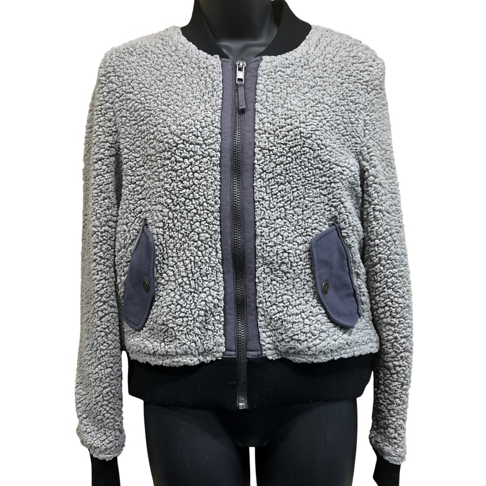 Marrakech Bomber‎ Jacket Womens XS Grey Sherpa Teddy Full Zip Moto Ribbed Trim